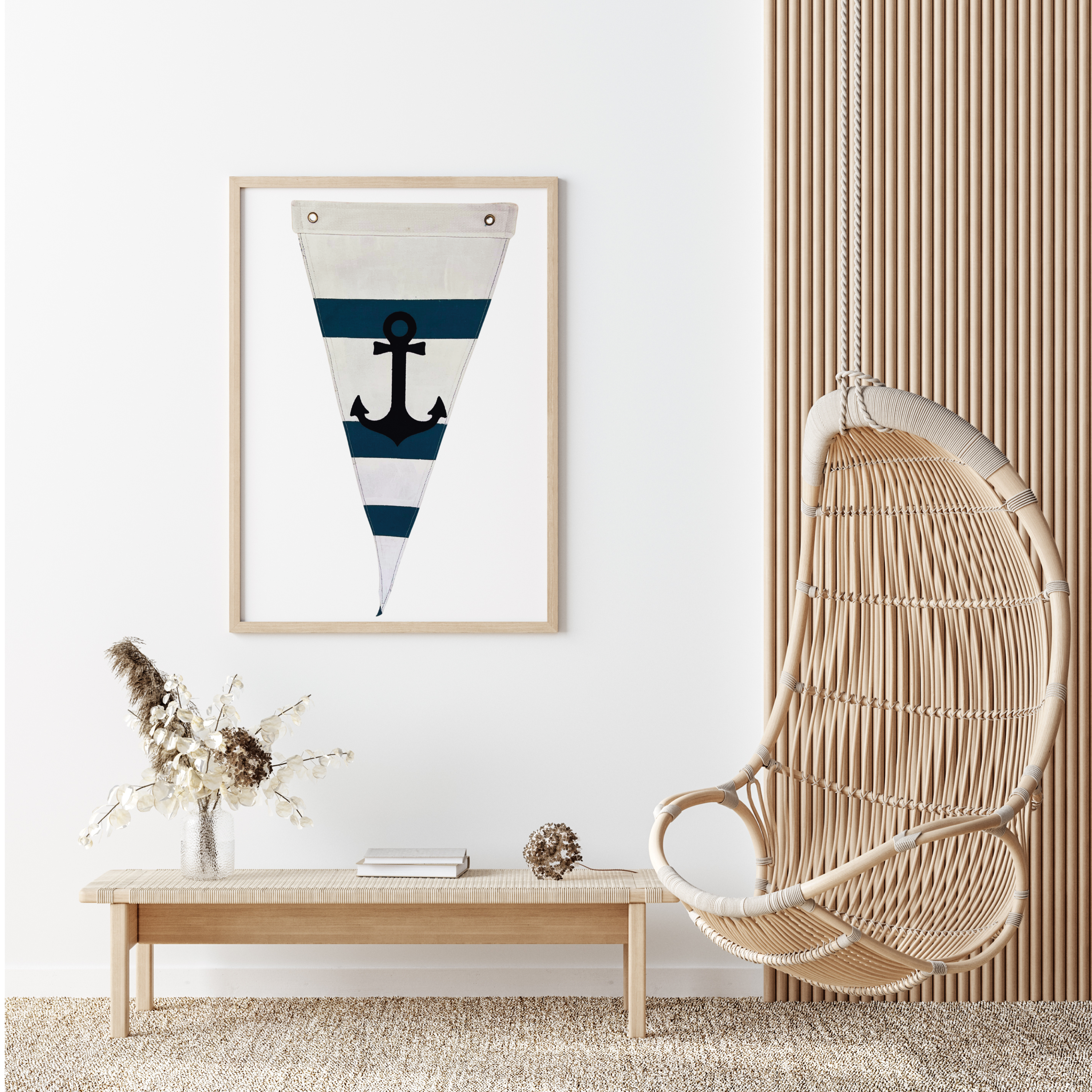 Coastal-themed decor featuring a framed Nautical Anchor Flag with bold stripes and an anchor design