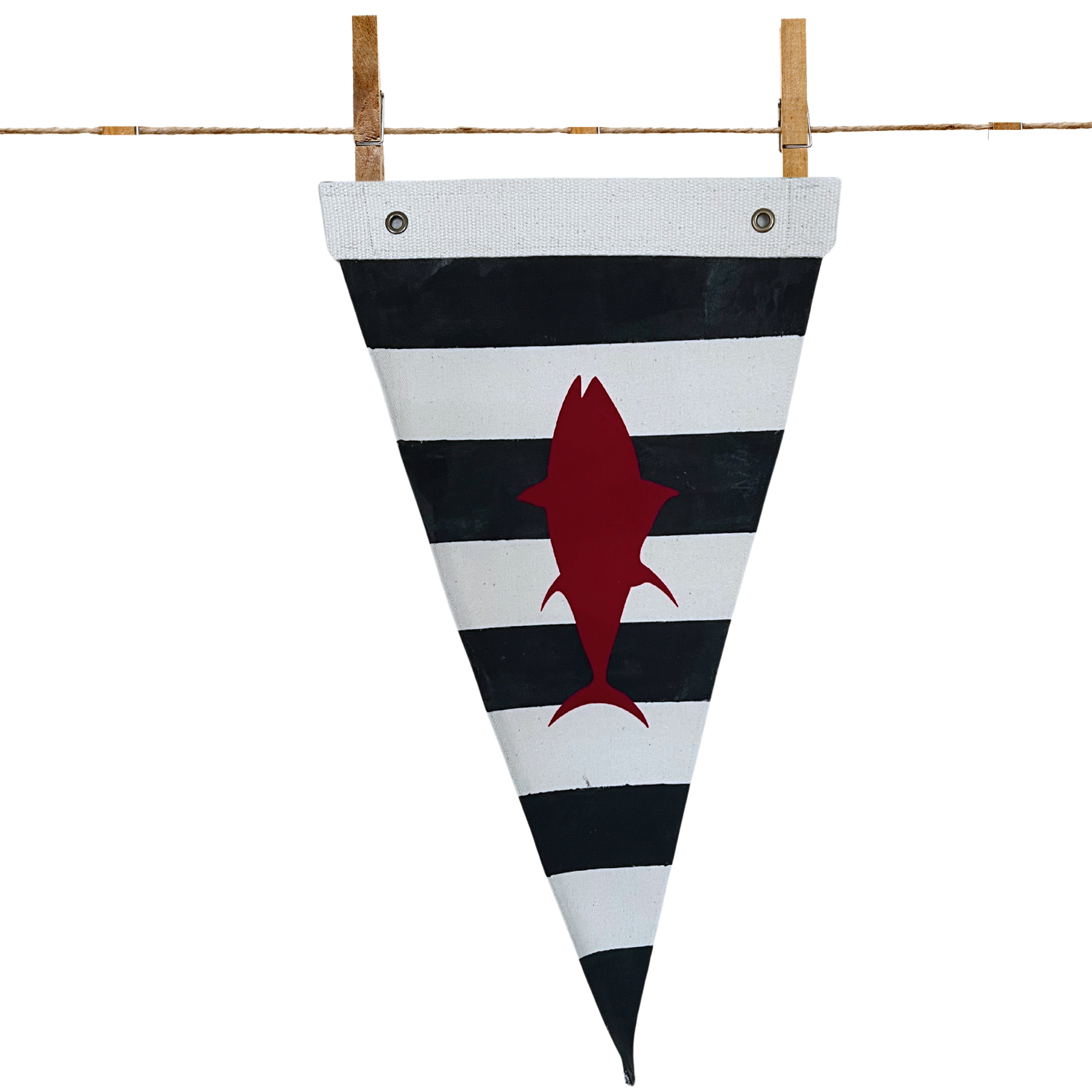 Nautical black and white striped pennant with a fishing silhouette and metal grommets for hanging.
