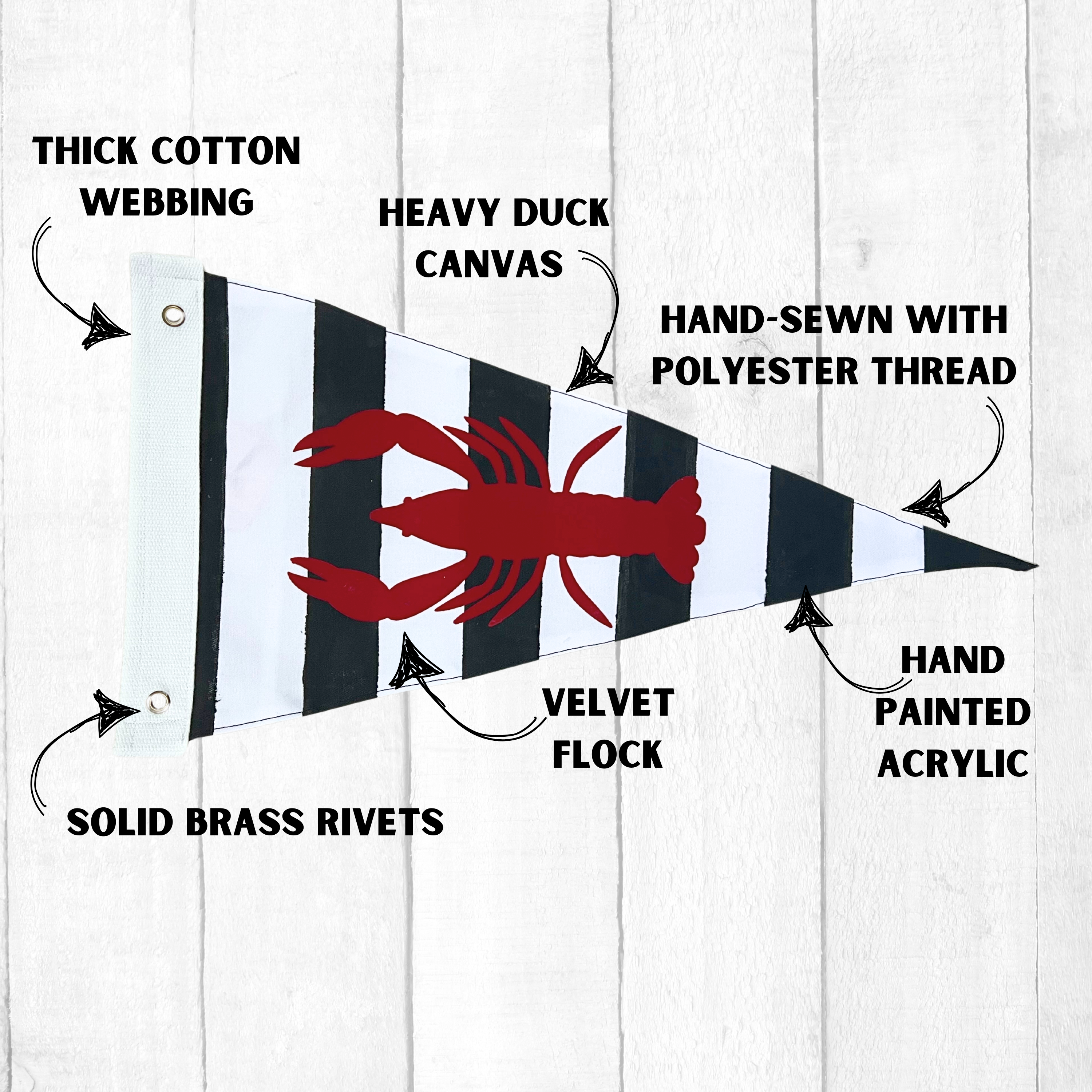 Jolly Roger pennant is handmade with heavy canvas, velvet flock, solid brass rivets, cotton webbing.