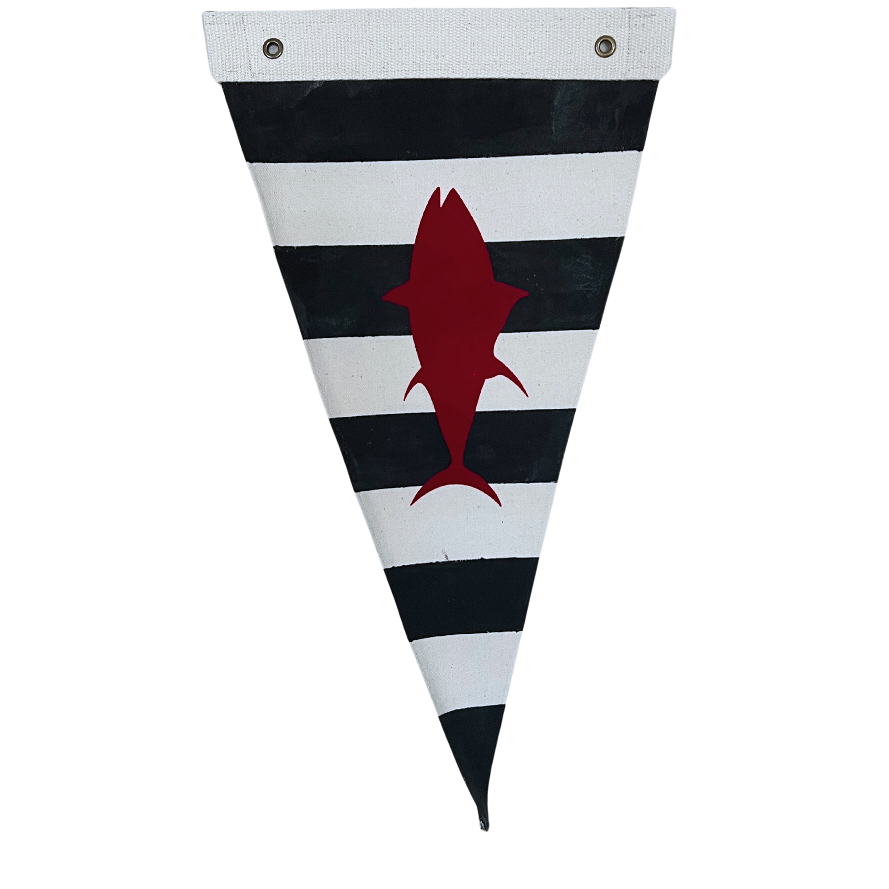 Nautical black and white striped pennant with a red fish silhouette and metal grommets for hanging.