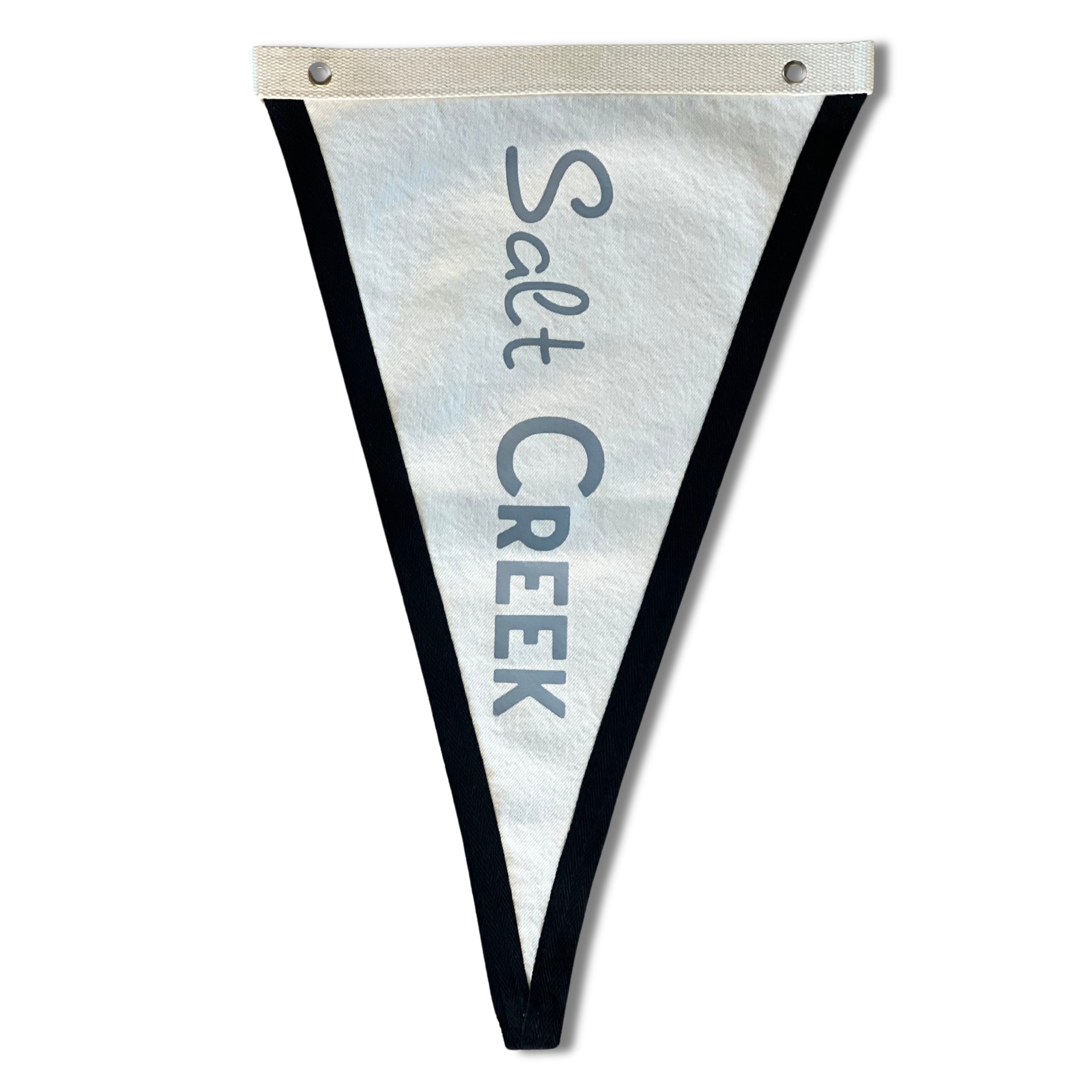 Salt Creek Surf Flag with bold minimalist design, handcrafted on cotton canvas, ideal for coastal or surf-inspired decor.